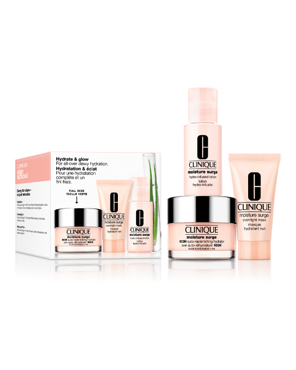 Hydrate + Glow Skincare Set, 3 skincare favorites for all-over dewy hydration, including our bestselling Moisture Surge™ 100H Hydrator in full size.